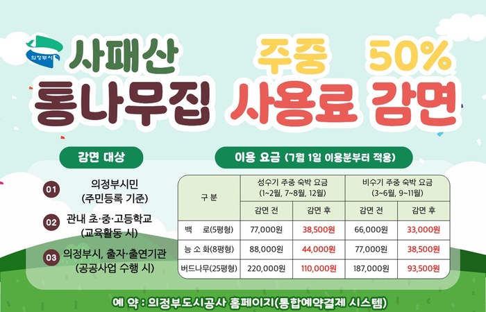 의정부시 사패산 통나무집 주중 사용료 50% 감면